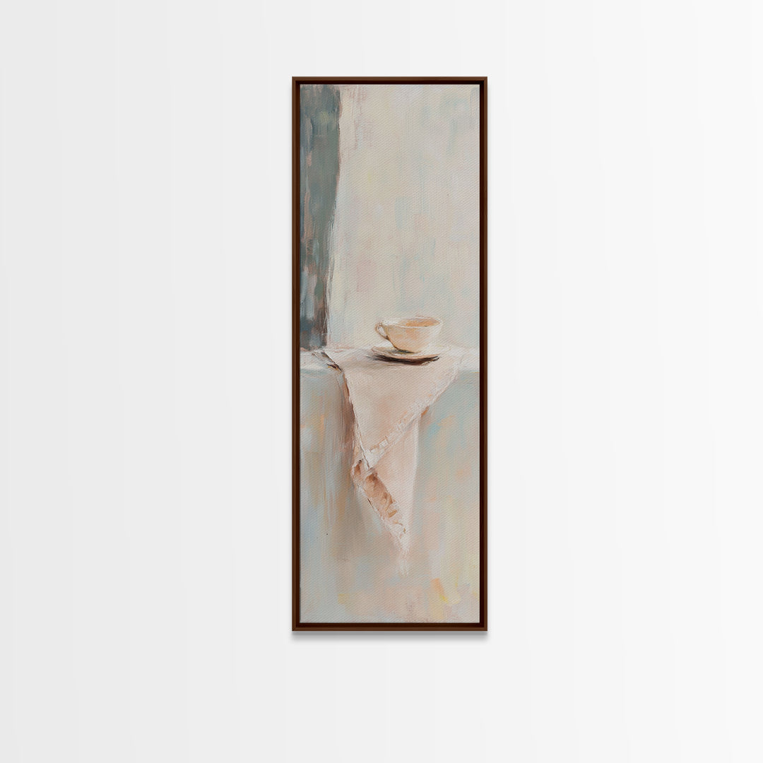 Minimalist Teacup On Linen Shelf Wall Art, Neutral Kitchen Decor, Coffee Bar Art Print, Japandi Canvas Print, Gift For Her