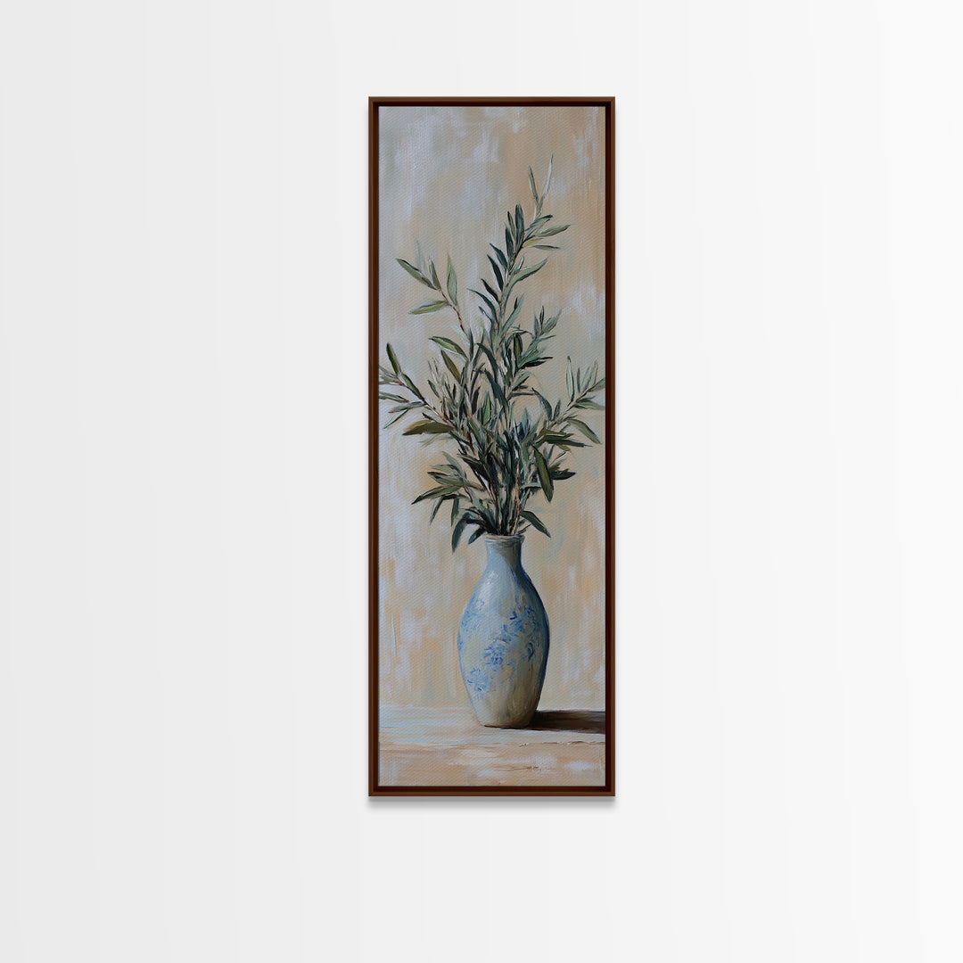 Olive Branches In Blue Vase Framed Canvas Print, Botanical Wall Art, Neutral Wall Decor, Mediterranean Home Decor Gift For Her