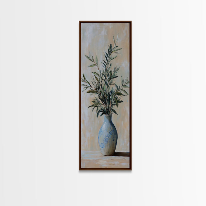 Olive Branches In Blue Vase Framed Canvas Print, Botanical Wall Art, Neutral Wall Decor, Mediterranean Home Decor Gift For Her