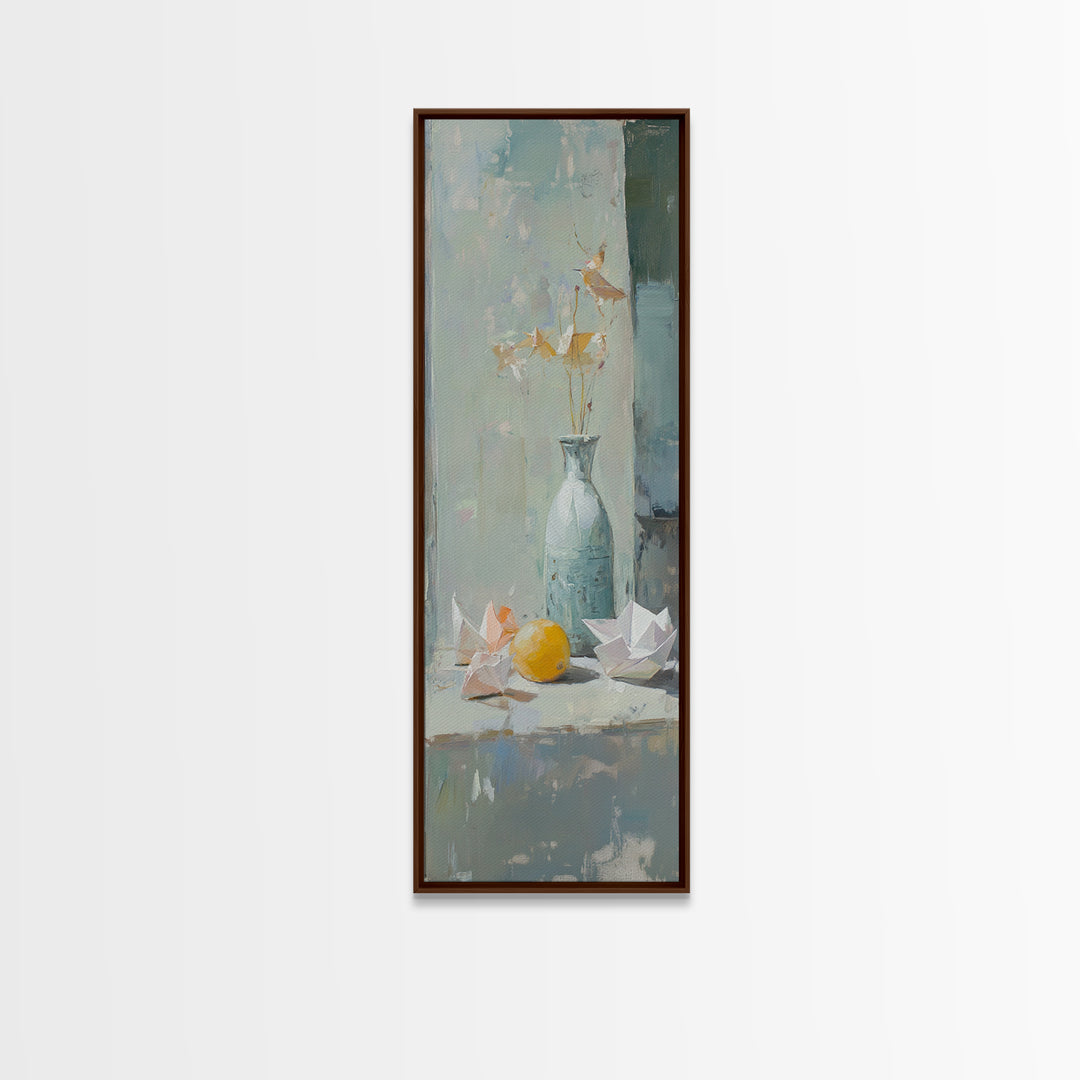 Blue Vase With Paper Cranes And Lemon Wall Art, Soft Still Life Canvas Print For Kitchen Decor And Neutral Home Decor Gift