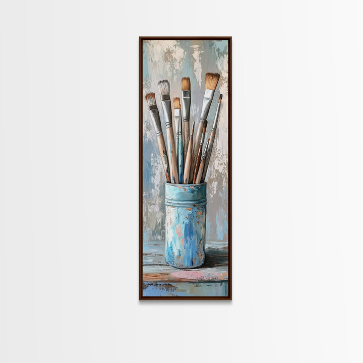 Paint Brushes In Blue Tin Wall Art, Artist Studio Canvas Print For Office Decor, Creative Home Decor And Gift For Art Lover