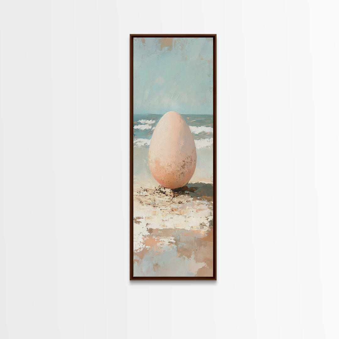 Speckled Egg On Sandy Beach Canvas Print, Surreal Coastal Wall Art For Beach House Decor, Ocean Wall Decor And Unique Gift