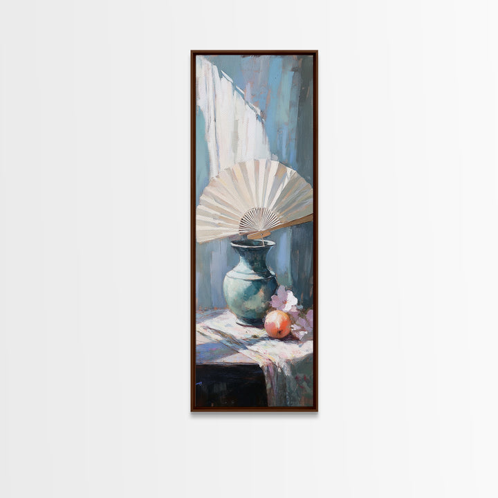 White Folding Fan Over Blue Vase Wall Art, Japandi Canvas Print For Bedroom Decor, Elegant Still Life And Modern Home Decor