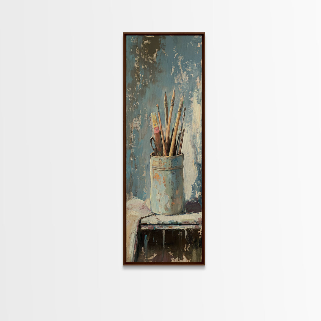 Paintbrushes In Blue Cup Wall Art, Artist Studio Canvas Print, Rustic Creative Office Decor For Art Lover Gift And Home Decor