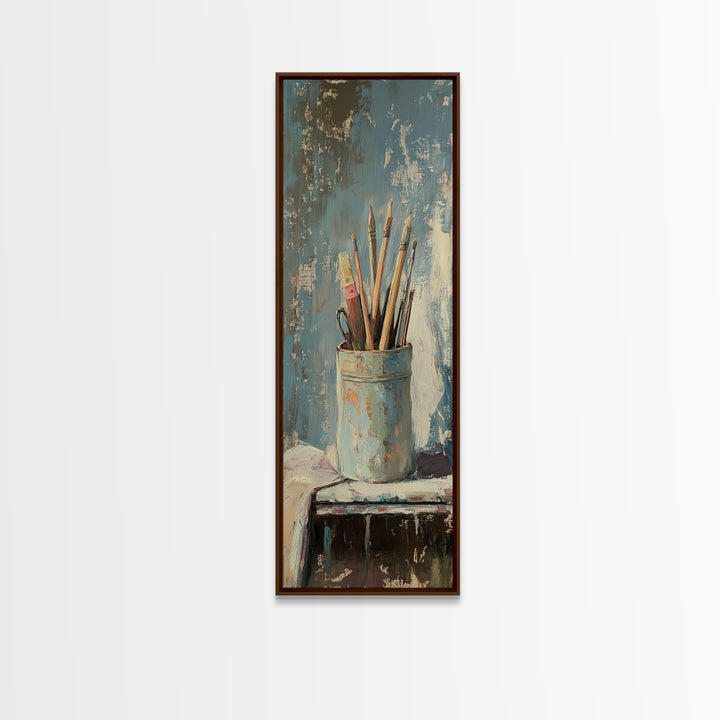 Paintbrushes In Blue Cup Wall Art, Artist Studio Canvas Print, Rustic Creative Office Decor For Art Lover Gift And Home Decor