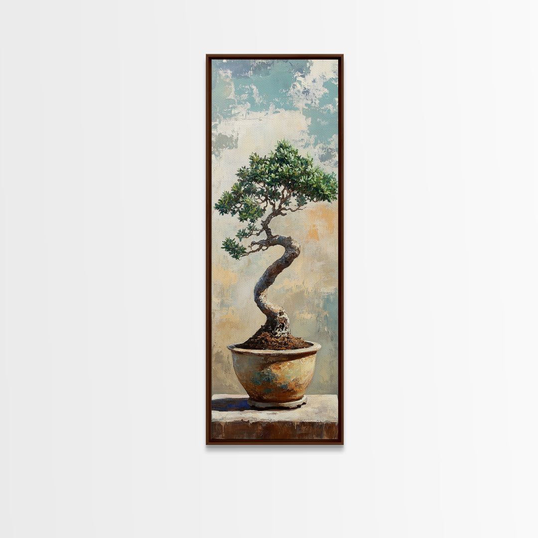 Bonsai Tree In Ceramic Pot Framed Canvas Print, Japanese Zen Wall Art, Nature Inspired Decor For Office And Meditation Room