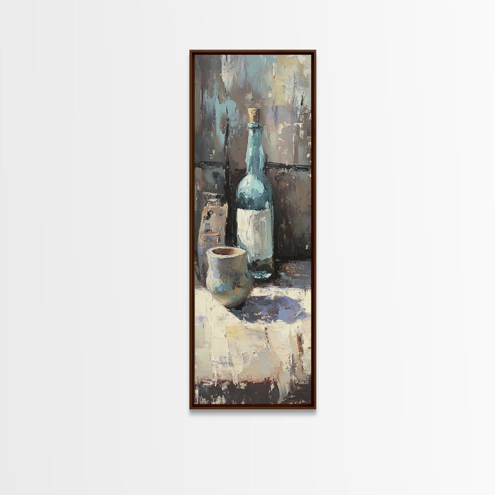 Blue Bottle And Ceramic Cup Still Life Canvas Print, Moody Kitchen Wall Art, Rustic Dining Room Decor, Coffee Bar Gift For Her