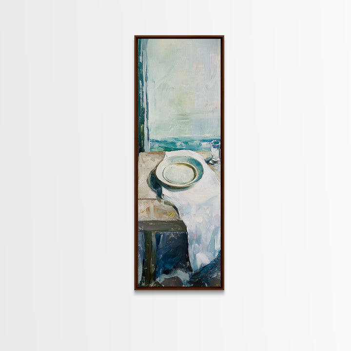 Seaside White Plate And Cup Minimalist Canvas Print, Coastal Kitchen Wall Art, Ocean View Decor, Beach House Gift For Her