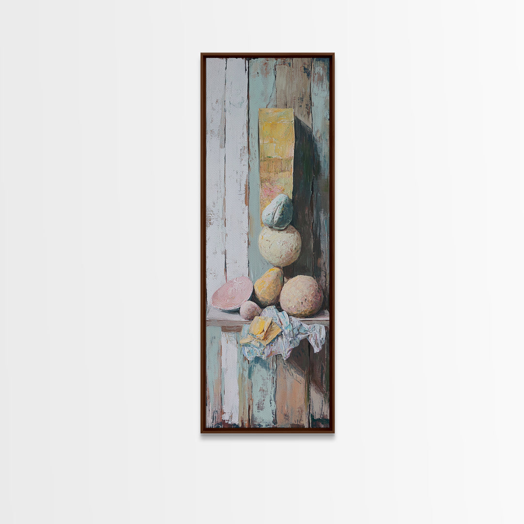 Pastel Stone Stack Still Life Framed Canvas Print, Wabi Sabi Wall Art, Neutral Rustic Decor, Organic Modern Art Gift For Her