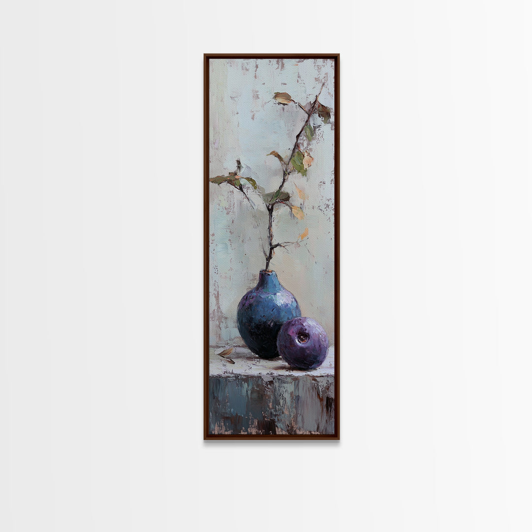 Rustic Blue Vase And Purple Fruit Still Life Wall Art, Textured Botanical Canvas Print For Kitchen And Living Room Decor