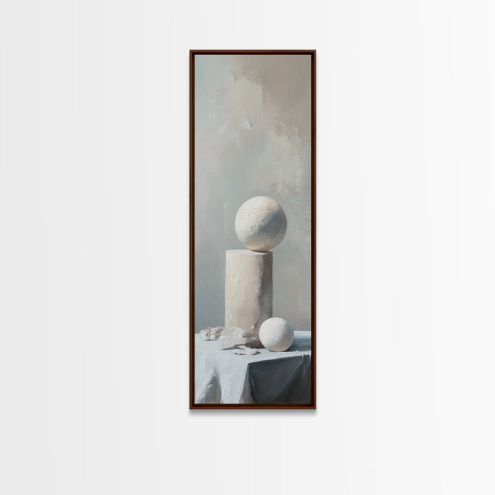Minimalist White Sphere And Column Still Life Wall Art, Neutral Abstract Canvas Print For Modern Office Decor And Home Decor