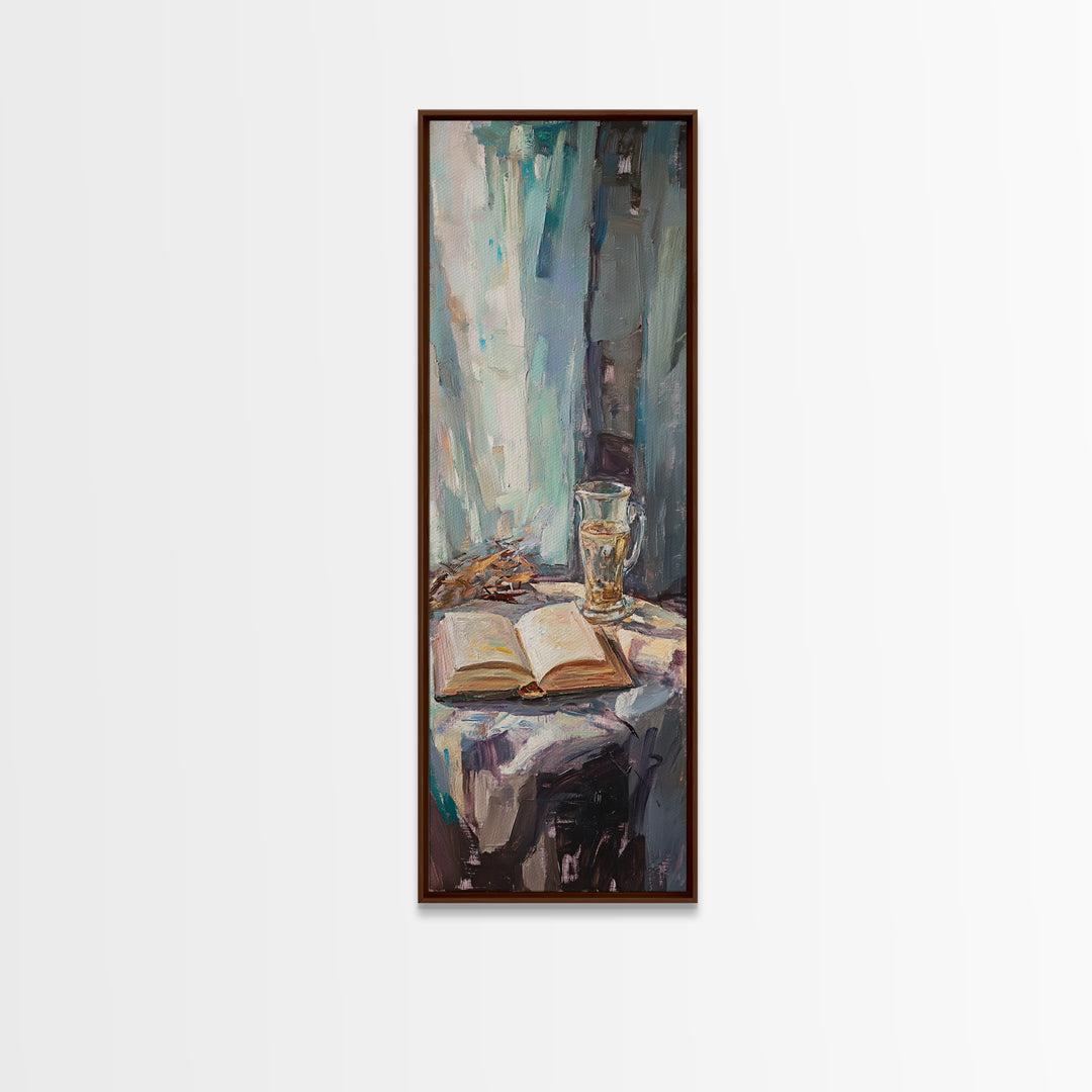 Open Book And Wine Glass By Window Wall Art, Moody Reading Nook Canvas Print For Library Decor, Home Office Decor And Book Lover Gift
