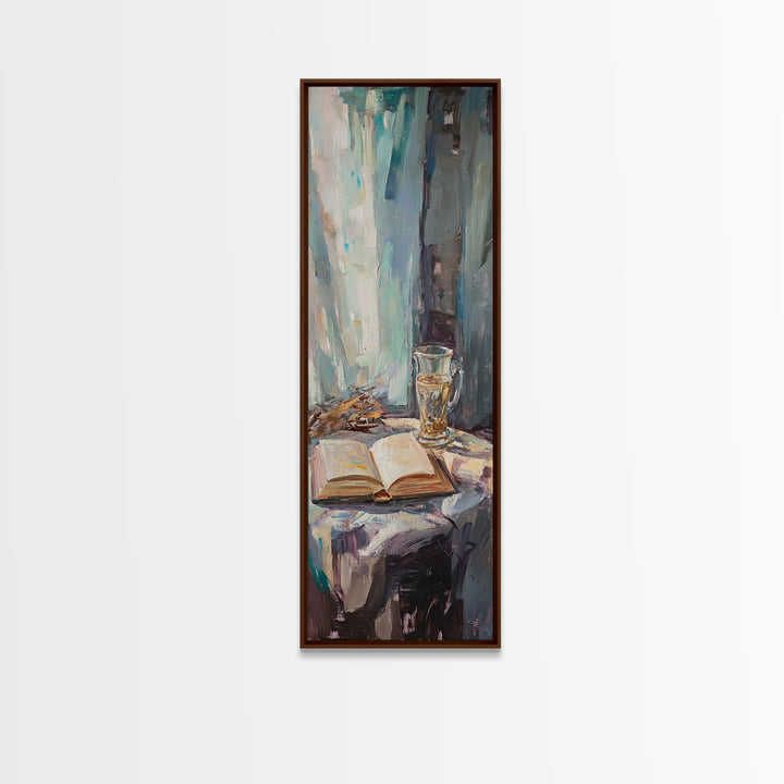 Open Book And Wine Glass By Window Wall Art, Moody Reading Nook Canvas Print For Library Decor, Home Office Decor And Book Lover Gift