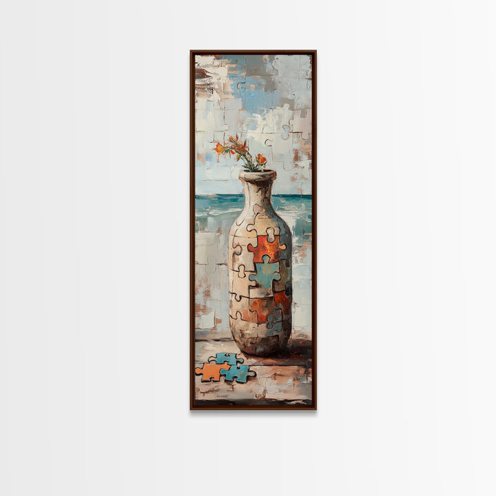Puzzle Piece Vase With Wildflowers Canvas Print, Whimsical Wall Art, Eclectic Home Decor, Colorful Art, Statement Wall Art