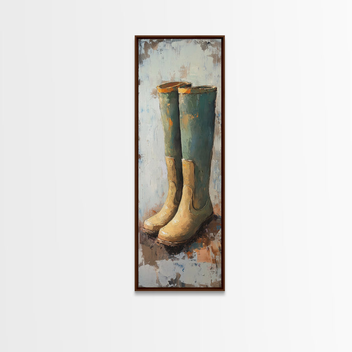 Tall Green Rain Boots Oil Painting Canvas Print, Rustic Farmhouse Decor, Country Wall Art, Mudroom Housewarming Gift For Her