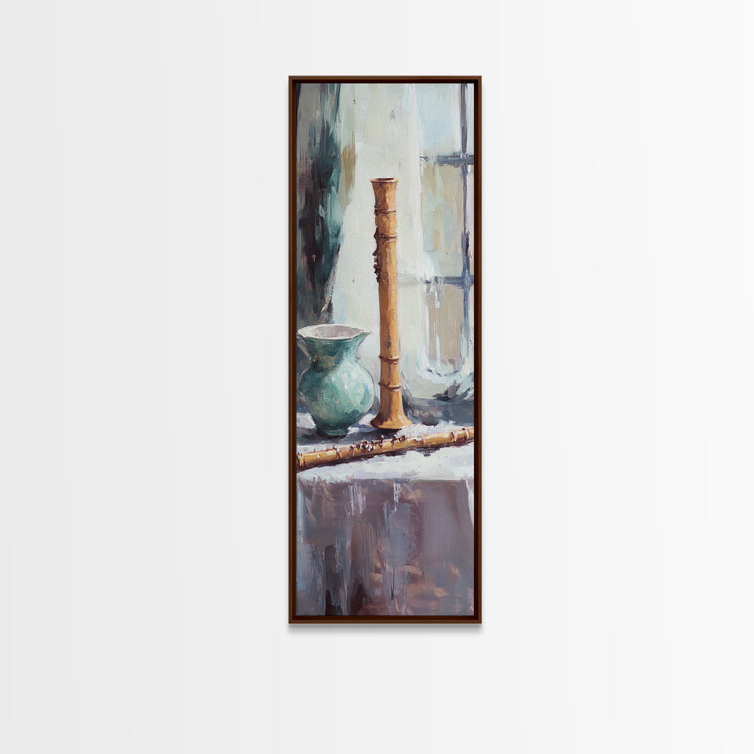 Turquoise Vase And Bamboo Flute Still Life Framed Canvas Print, Japandi Wall Art, Zen Home Decor, Calming Office Art Print