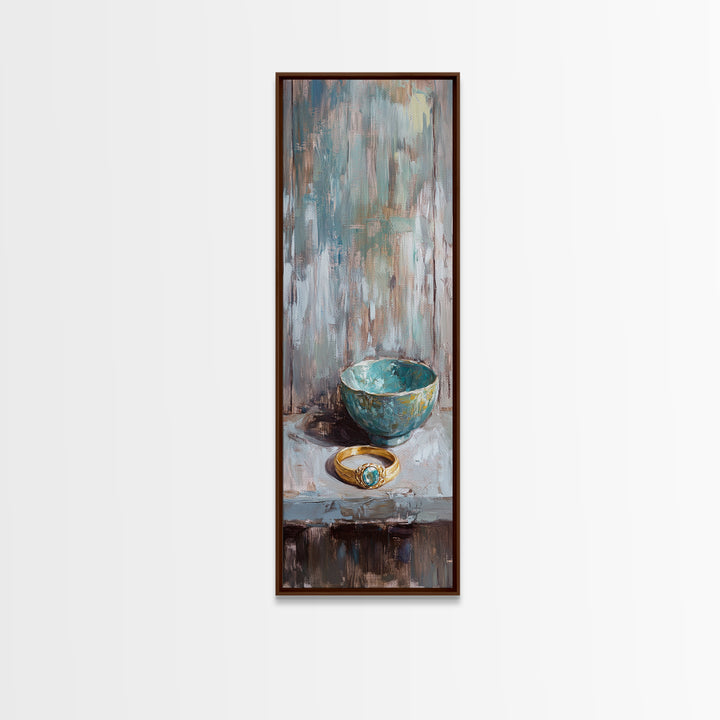 Turquoise Bowl With Gold Ring Oil Painting Canvas Print, Wabi Sabi Wall Art, Rustic Boho Home Decor, Unique Gift For Her