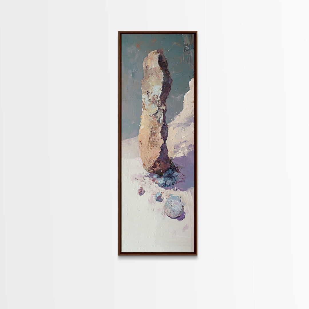 Snowy Standing Stone Impasto Landscape Canvas Print, Minimalist Winter Wall Art, Neutral Nature Decor, Calm Office Art Print