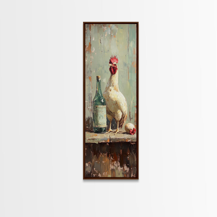 Rustic White Rooster And Green Bottle Framed Canvas Print, Farmhouse Kitchen Wall Art, Country Decor, Chicken Lover Gift