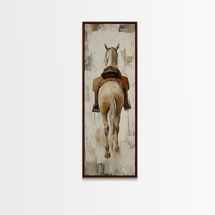 Saddled White Horse From Behind Framed Canvas Print, Equestrian Wall Art, Western Farmhouse Decor, Gift For Horse Lovers