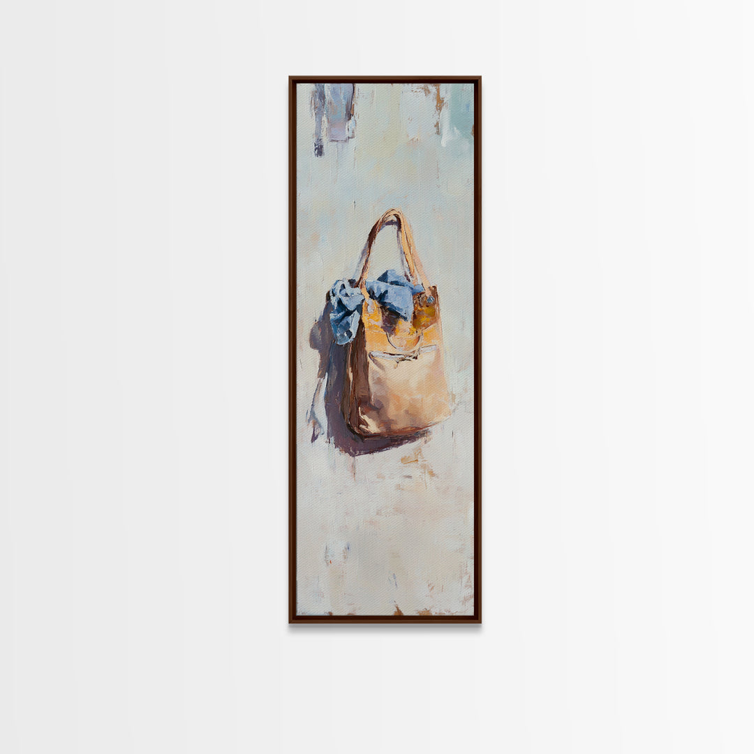 Hanging Tan Tote Bag With Blue Scarf Canvas Print, Fashion Wall Art, Feminine Bedroom Decor, Chic Closet Wall Decor, Gift For Her