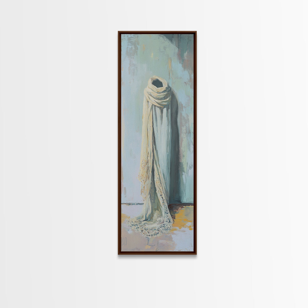 Draped White Scarf On Blue Wall Canvas Print, Minimalist Textile Wall Art, Neutral Bedroom Decor, Soft Wabi Sabi Art, Calming Decor