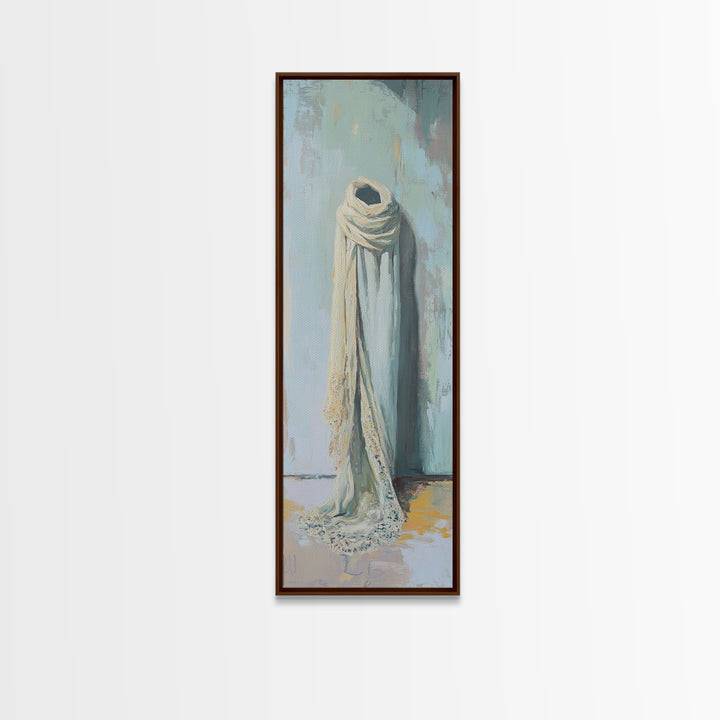 Draped White Scarf On Blue Wall Canvas Print, Minimalist Textile Wall Art, Neutral Bedroom Decor, Soft Wabi Sabi Art, Calming Decor