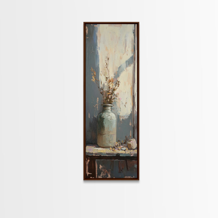 Pale Ceramic Vase With Dried Flowers Canvas Print, Rustic Botanical Wall Art, Neutral Farmhouse Decor, Window Still Life