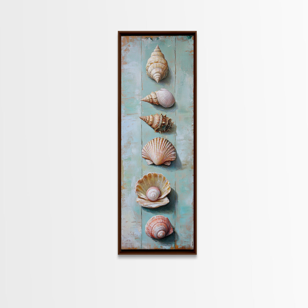 Six Seashells On Turquoise Wood Framed Canvas Print, Coastal Wall Art, Beach House Decor, Nautical Bathroom Wall Decor, Ocean Print