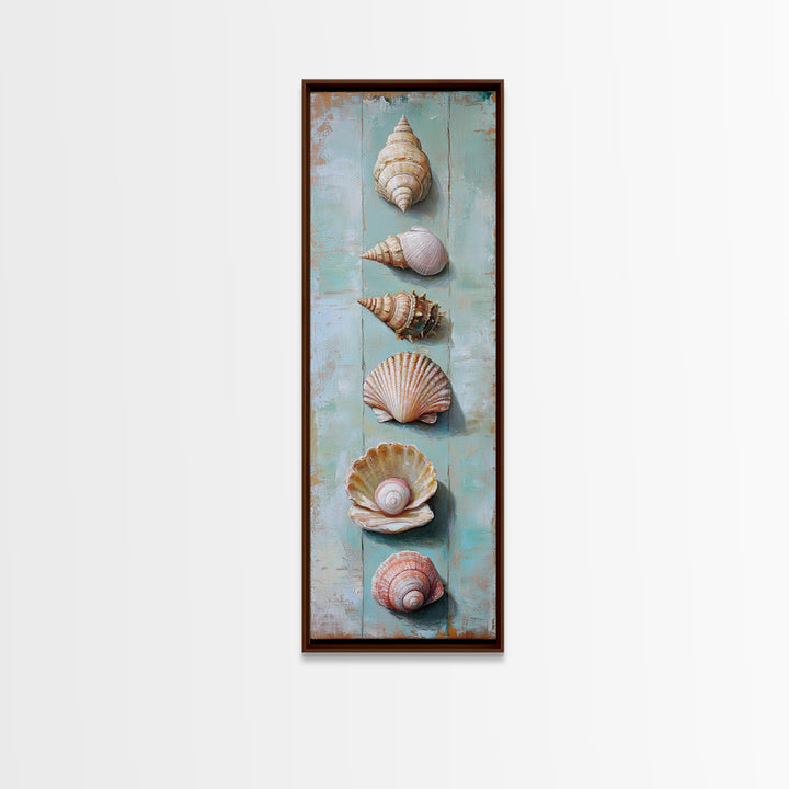 Six Seashells On Turquoise Wood Framed Canvas Print, Coastal Wall Art, Beach House Decor, Nautical Bathroom Wall Decor, Ocean Print