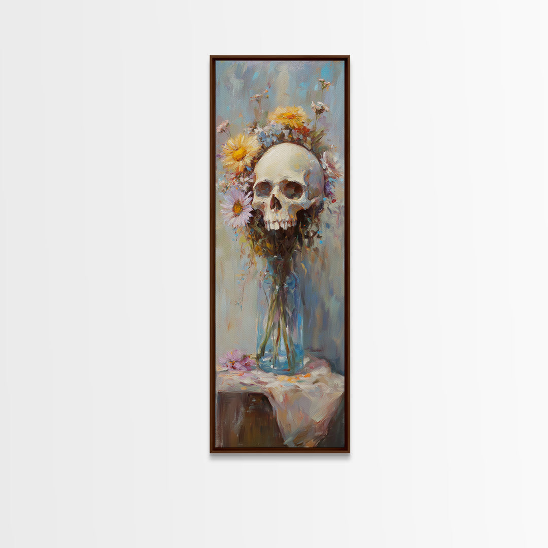 Floral Skull In Glass Vase Wall Art, Gothic Memento Mori Still Life Canvas, Dark Academia Decor, Moody Floral Gift For Her