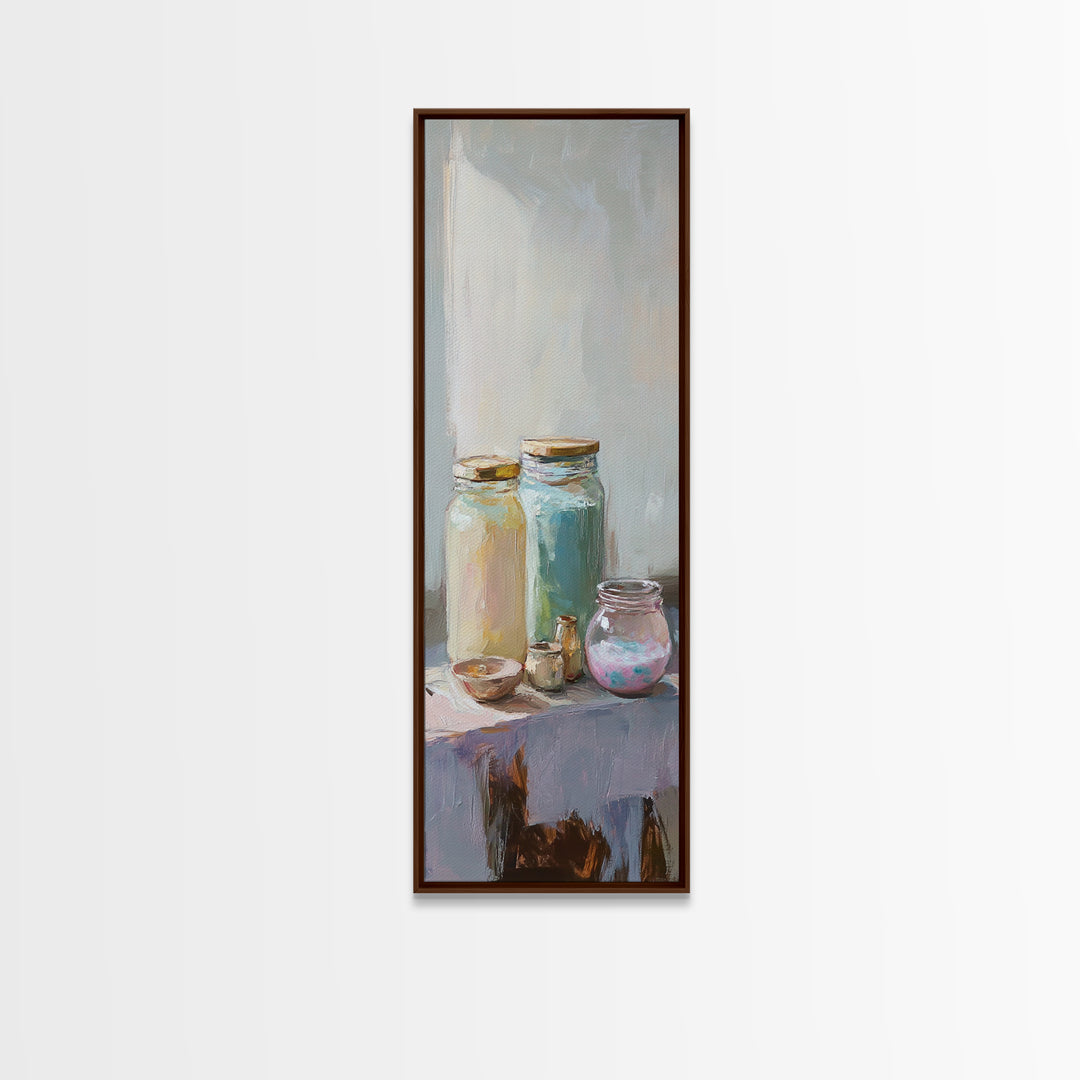 Pastel Glass Jars And Bottles Wall Art, Minimalist Still Life Canvas Print, Soft Kitchen Decor, Modern Home Decor, Housewarming Gift