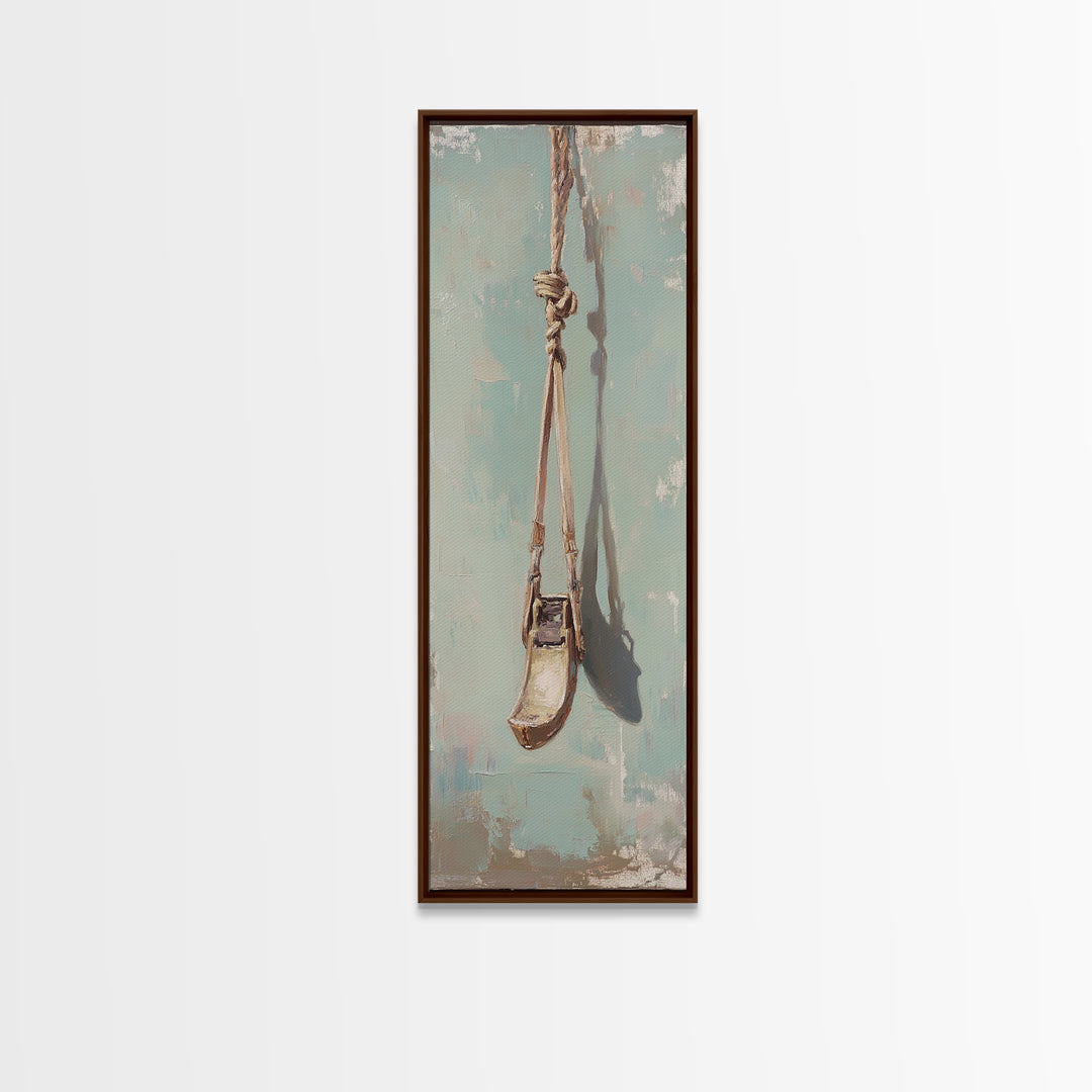 Weathered Rope Swing On Blue Wall Art, Rustic Minimalist Canvas Print, Nostalgic Nursery Or Patio Decor Housewarming Gift