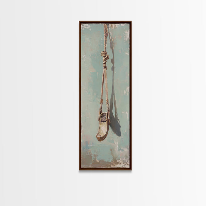 Weathered Rope Swing On Blue Wall Art, Rustic Minimalist Canvas Print, Nostalgic Nursery Or Patio Decor Housewarming Gift