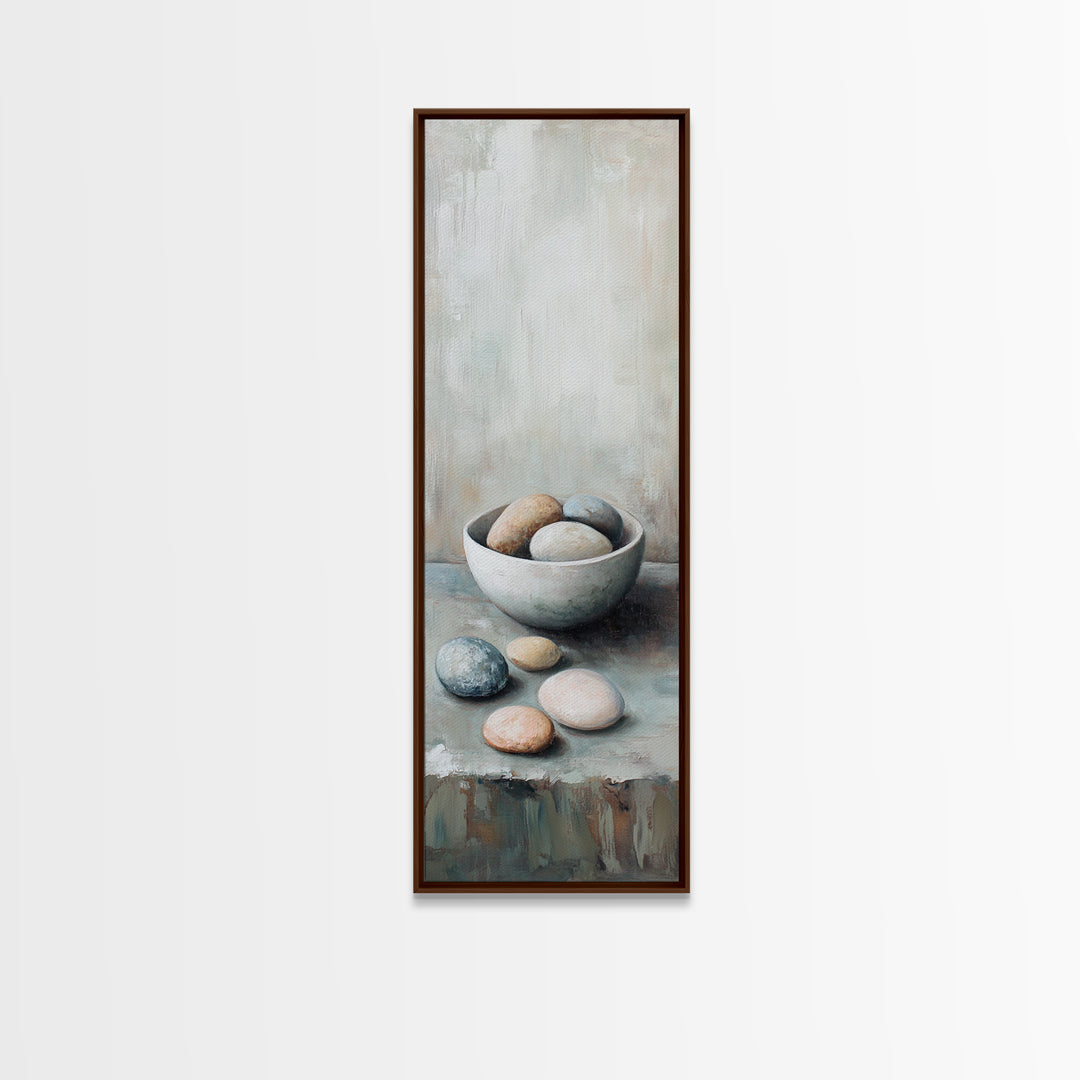 Neutral Bowl Of Smooth Pebbles Wall Art, Minimalist Still Life Canvas, Calming Zen Bathroom Decor, Wabi Sabi Home Decor Gift