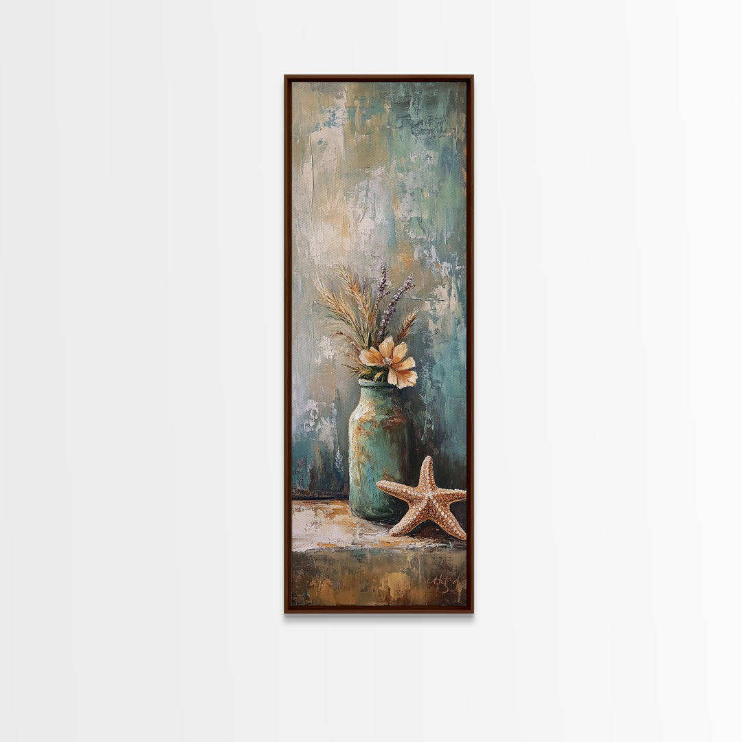 Rustic Jar With Dried Grass And Starfish Wall Art, Coastal Canvas Print, Beach House Decor, Neutral Farmhouse Gift, Living Room Decor