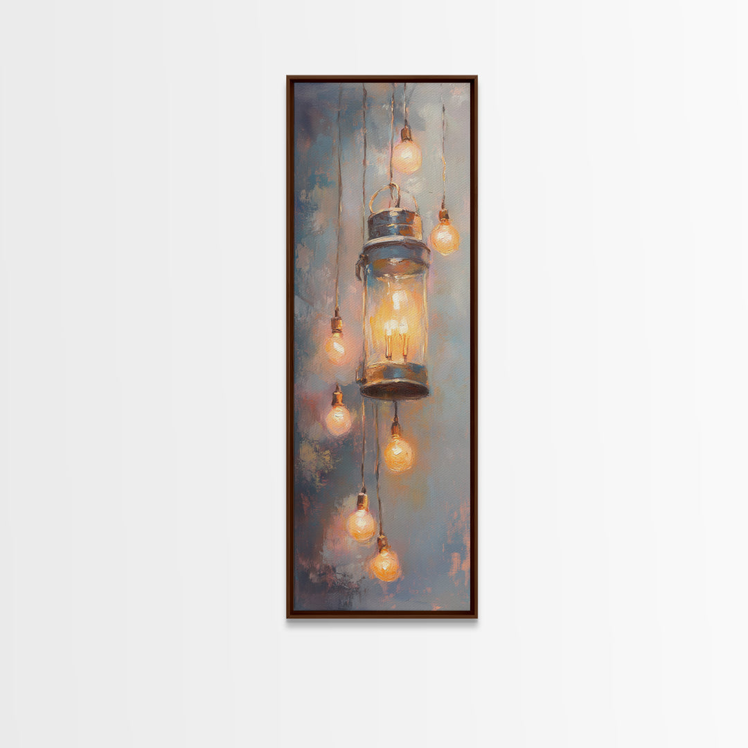 Glowing Mason Jar Lanterns Framed Canvas Print, Rustic Wall Art, Farmhouse Lighting Decor, Cozy Kitchen Wall Decor Gift Idea
