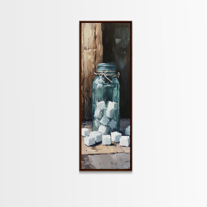 Blue Mason Jar With Sugar Cubes Canvas Print, Rustic Kitchen Wall Art, Farmhouse Decor, Coffee Bar Art, Sweet Still Life