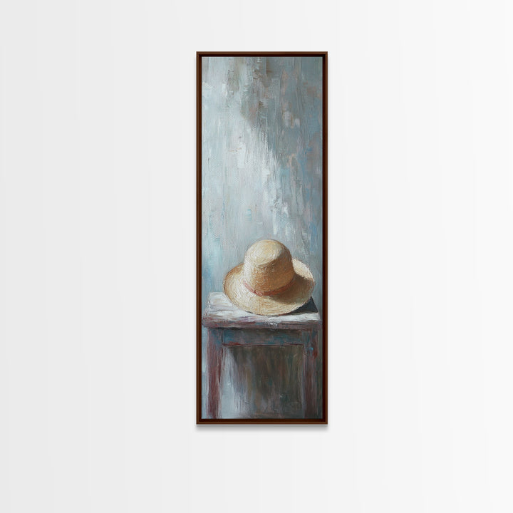 Straw Sun Hat On Weathered Table Canvas Print, Coastal Wall Art, Rustic Bedroom Decor, Neutral Farmhouse Home Decor Gift