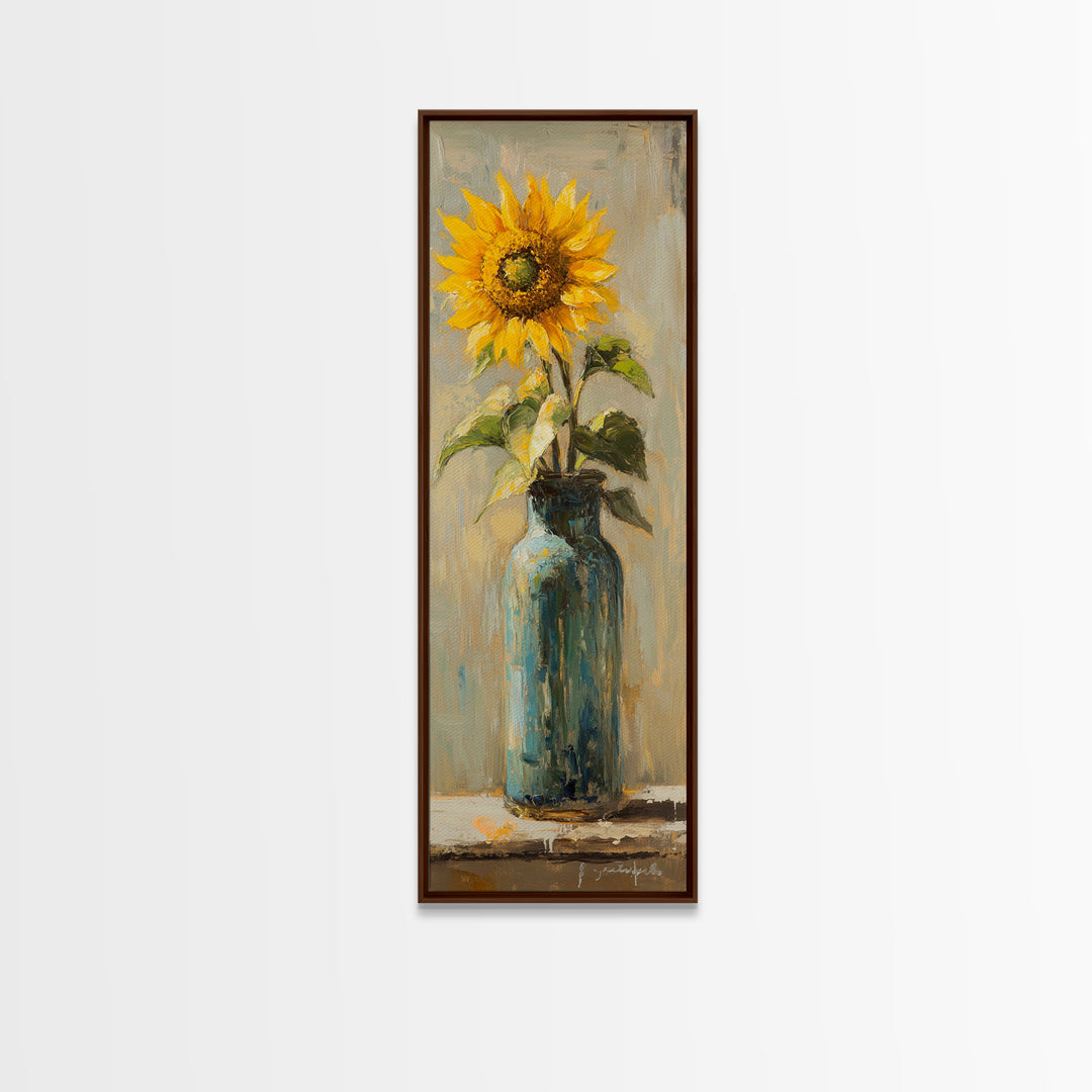 Sunflower In Blue Glass Bottle Vase Wall Art, Rustic Floral Oil Painting Print, Farmhouse Kitchen Decor, Gift For Her, Housewarming Gift