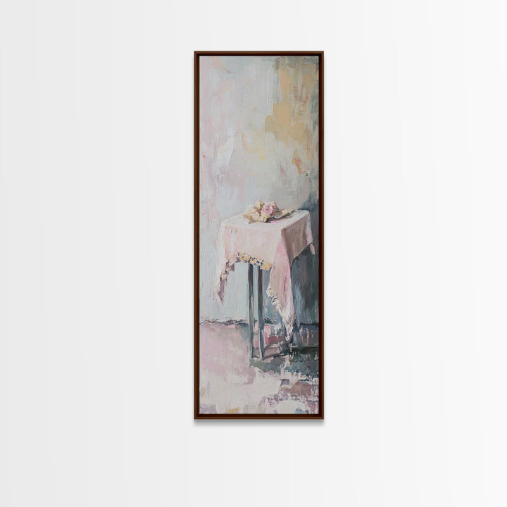 Pastel Pink Draped Table With Teacup Wall Art, Minimalist Canvas Print, Soft Abstract Still Life, Feminine Bedroom Decor