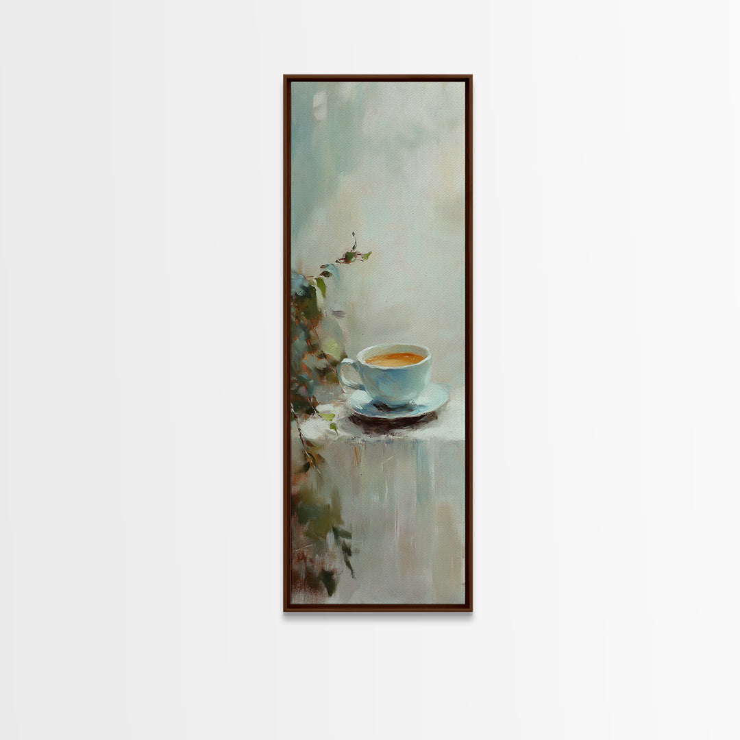Blue Coffee Cup With Soft Green Foliage Wall Art, Minimalist Kitchen Decor, Cozy Cafe Print, Neutral Home Decor, Gift For Her