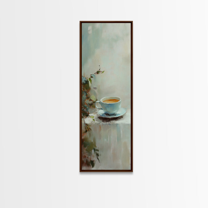 Blue Coffee Cup With Soft Green Foliage Wall Art, Minimalist Kitchen Decor, Cozy Cafe Print, Neutral Home Decor, Gift For Her