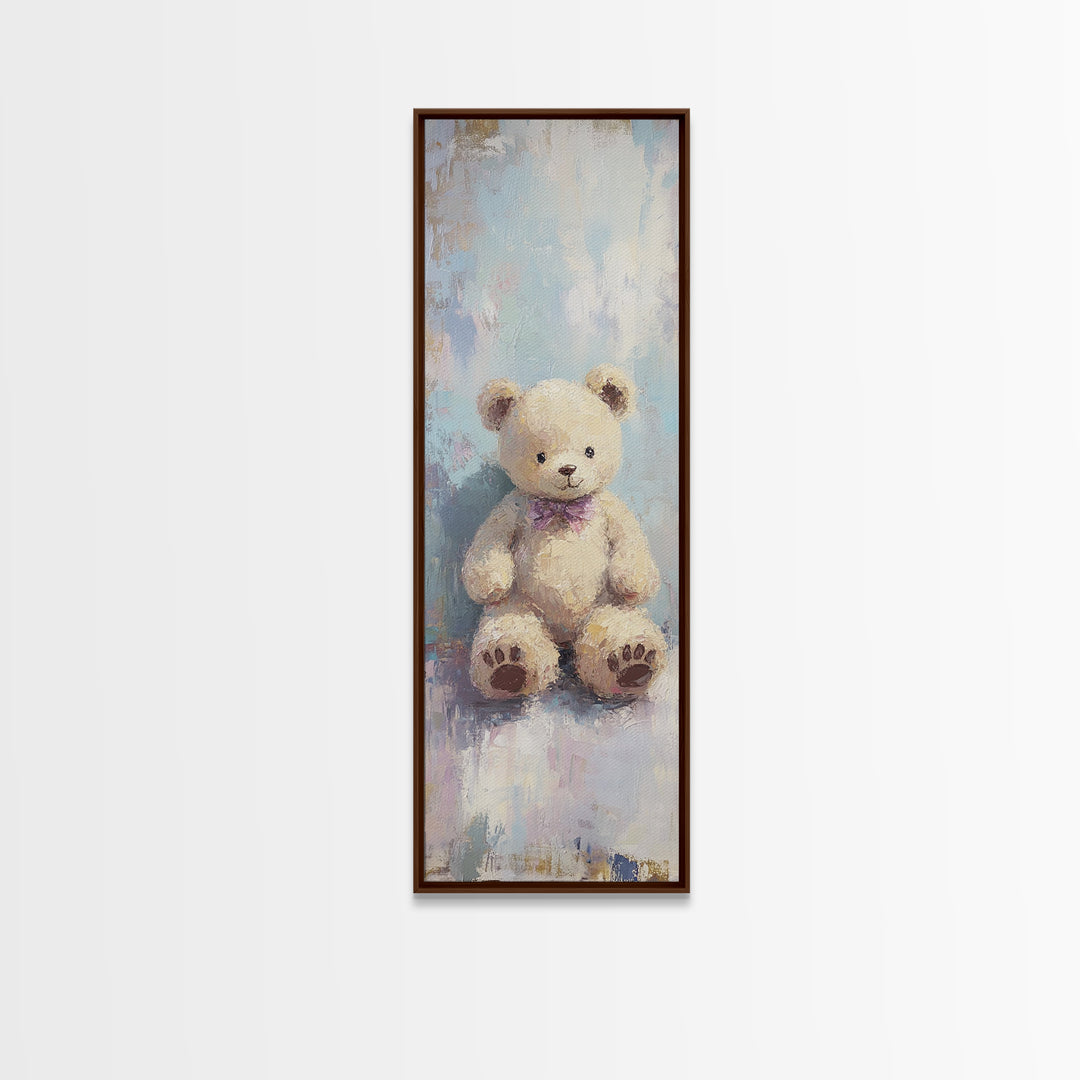Cream Teddy Bear With Purple Bow Framed Canvas Print, Nursery Wall Art, Whimsical Animal Decor, Baby Shower Gift, Kids Room Decor