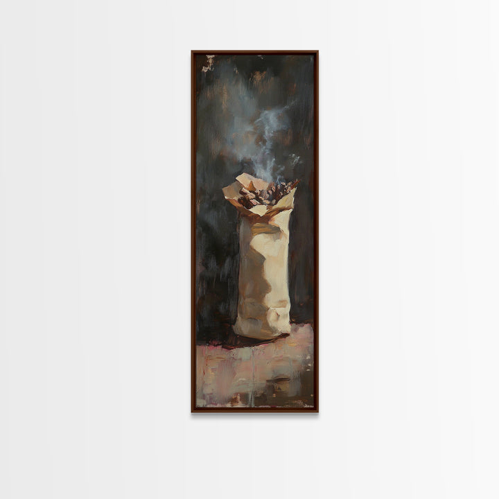 Moody Smoking Paper Bag Still Life Wall Art, Rustic Oil Painting Print, Dark Academia Decor, Unique Kitchen Wall Decor And Home Decor