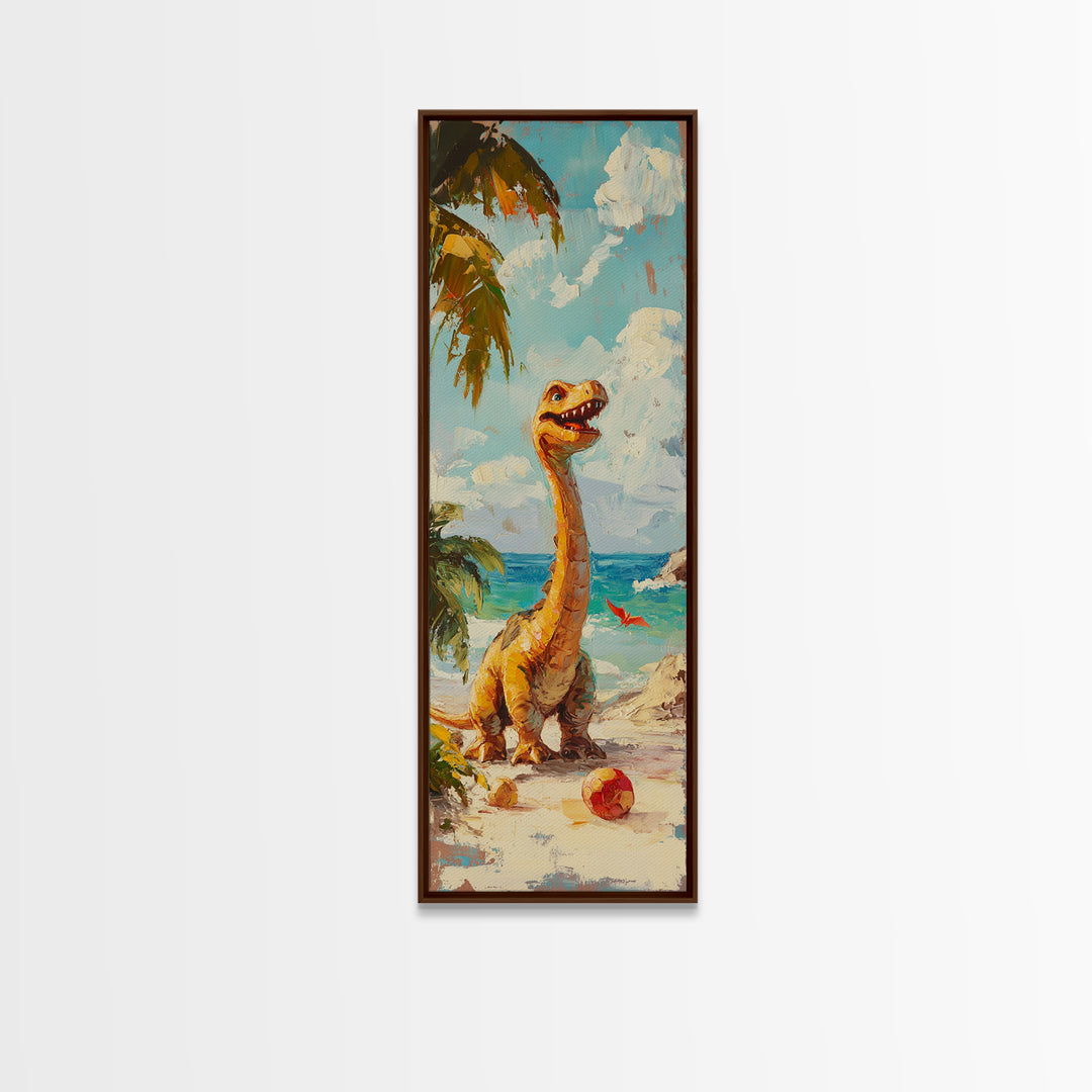 Cheerful Dinosaur On Tropical Beach Canvas Print, Whimsical Nursery Decor, Coastal Kids Room Art, Cute Animal Wall Decor