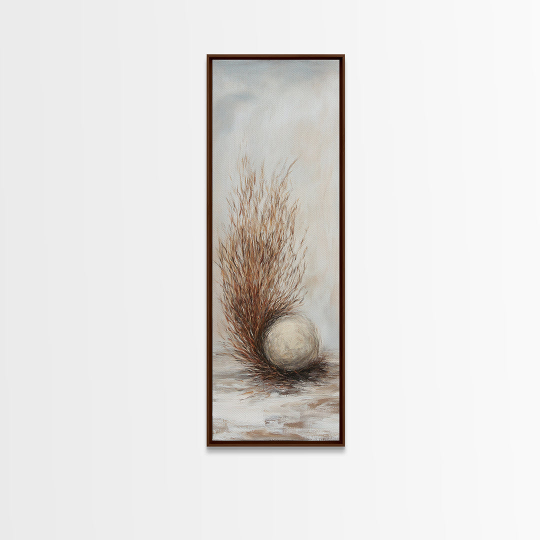 Dried Grass And Stone Sphere Wall Art, Neutral Minimalist Canvas Print, Wabi Sabi Rustic Nature Calming Decor For Living Room