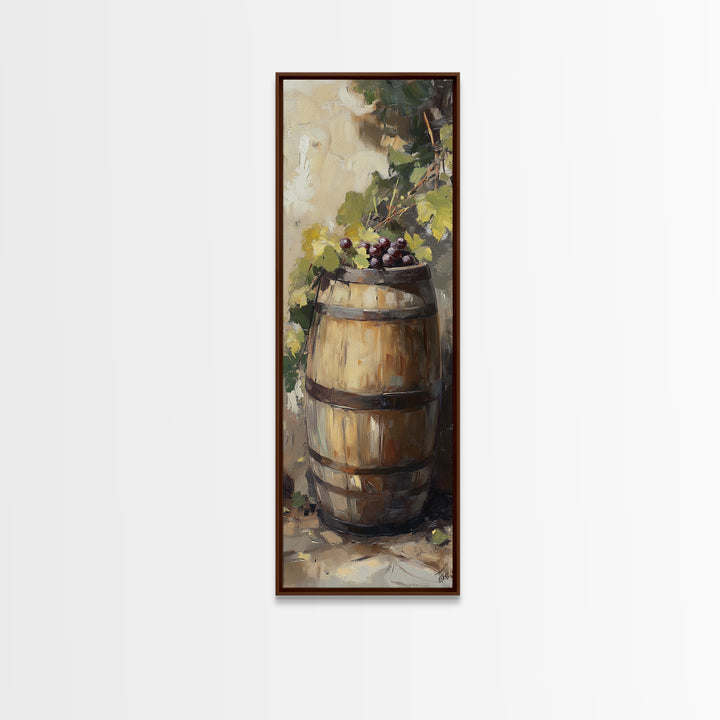 Sunlit Wine Barrel With Grapes Wall Art, Vineyard Canvas Print, Rustic Winery Kitchen Decor, Tuscan Farmhouse Gift For Dining Room