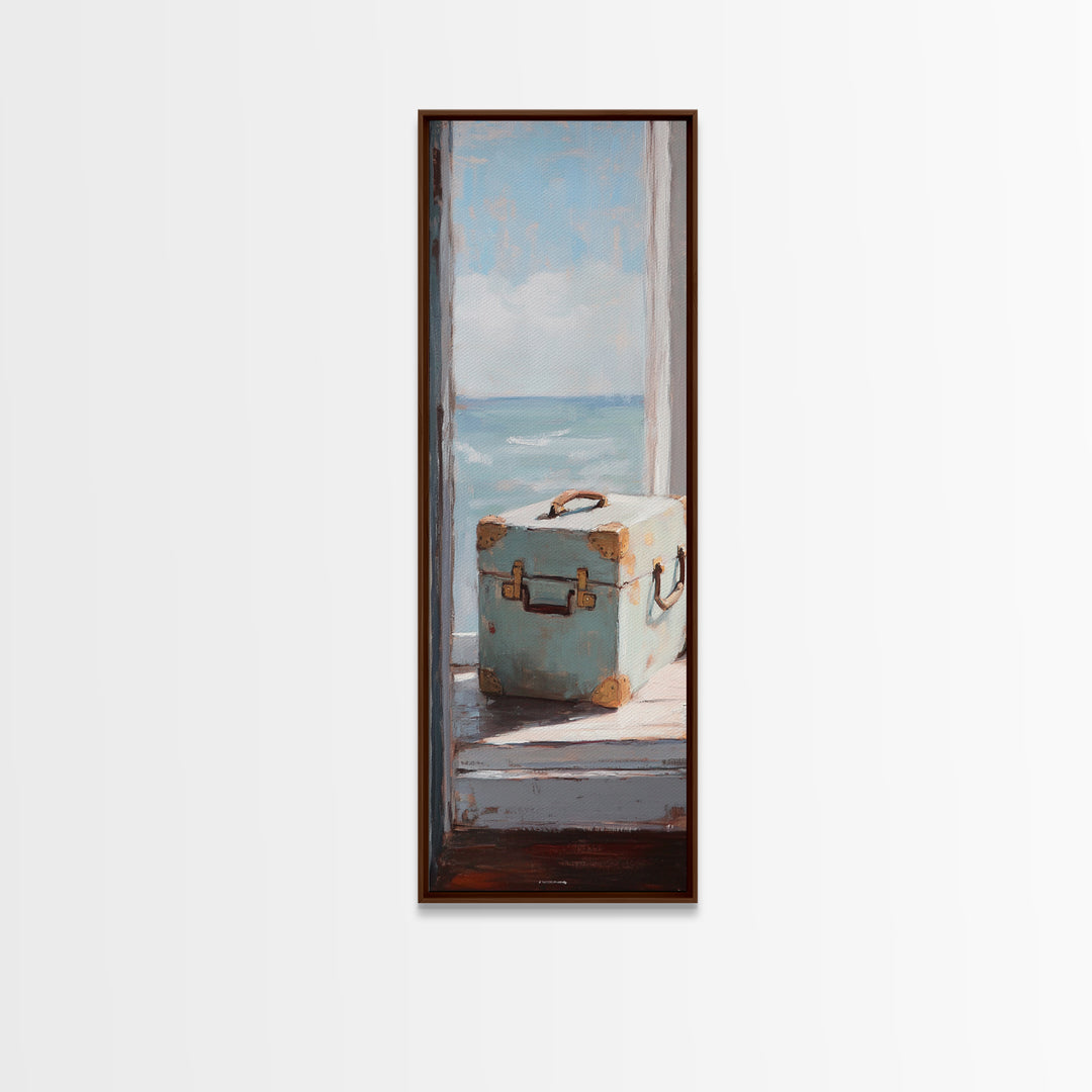 Blue Suitcase Ocean Window Canvas Print, Coastal Wall Art, Beach House Decor, Travel Inspired Living Room Wall Decor Gift