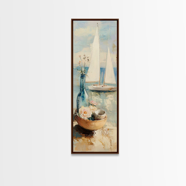 Sailboat Seaside Still Life Framed Canvas Print, Coastal Wall Art, Beach House Decor, Nautical Living Room Wall Decor Gift
